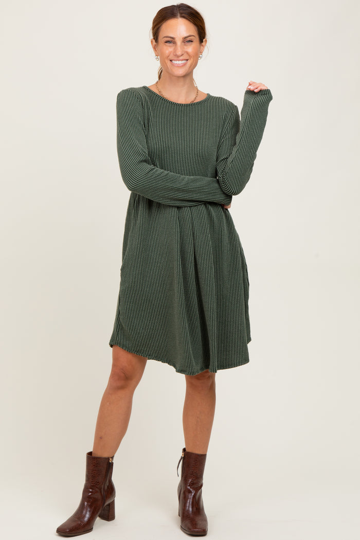 Olive Textured Rib Long Sleeve Maternity Dress
