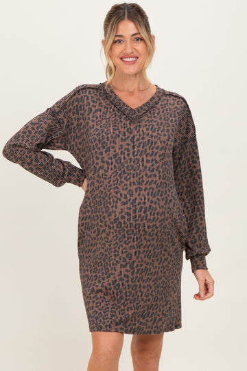 Brown Animal Print Ribbed Long Sleeve Maternity Dress