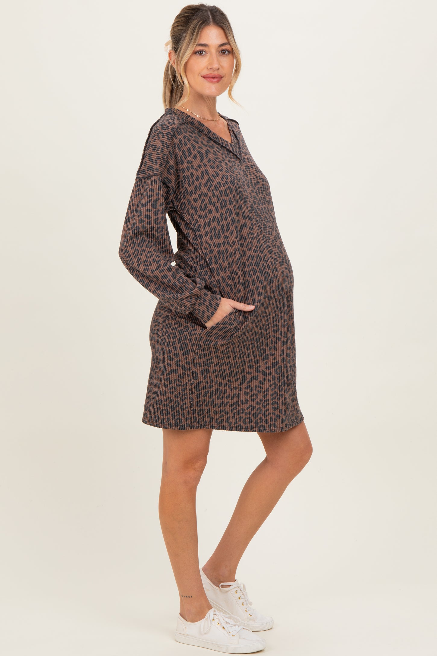 Brown Animal Print Ribbed Long Sleeve Maternity Dress
