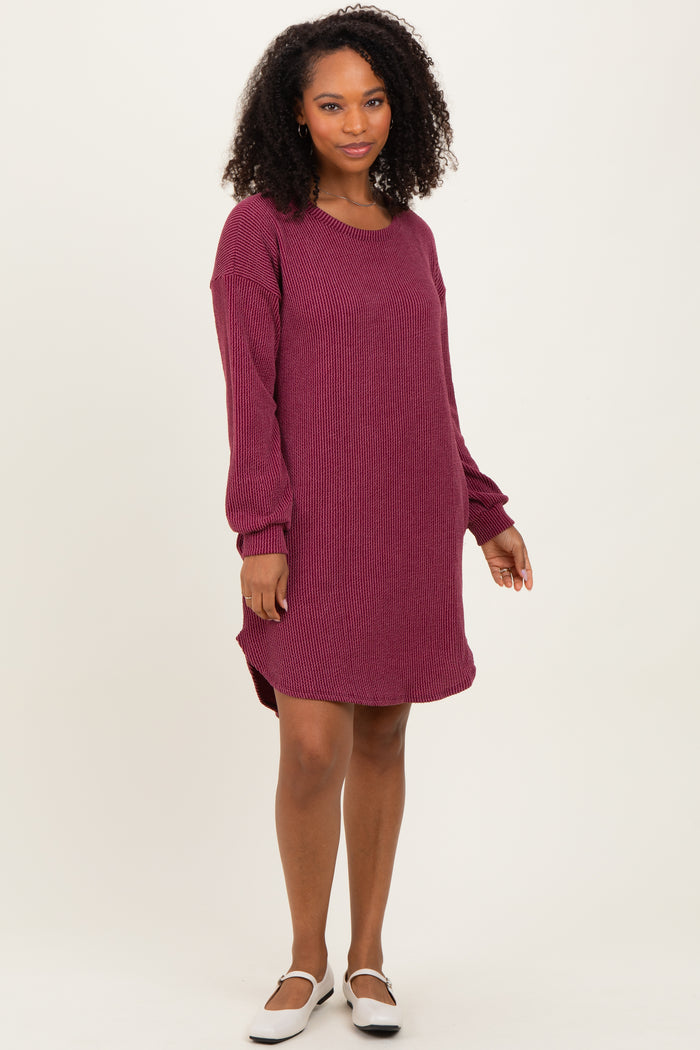 Burgundy Rib Knit Long Sleeve Maternity Dress