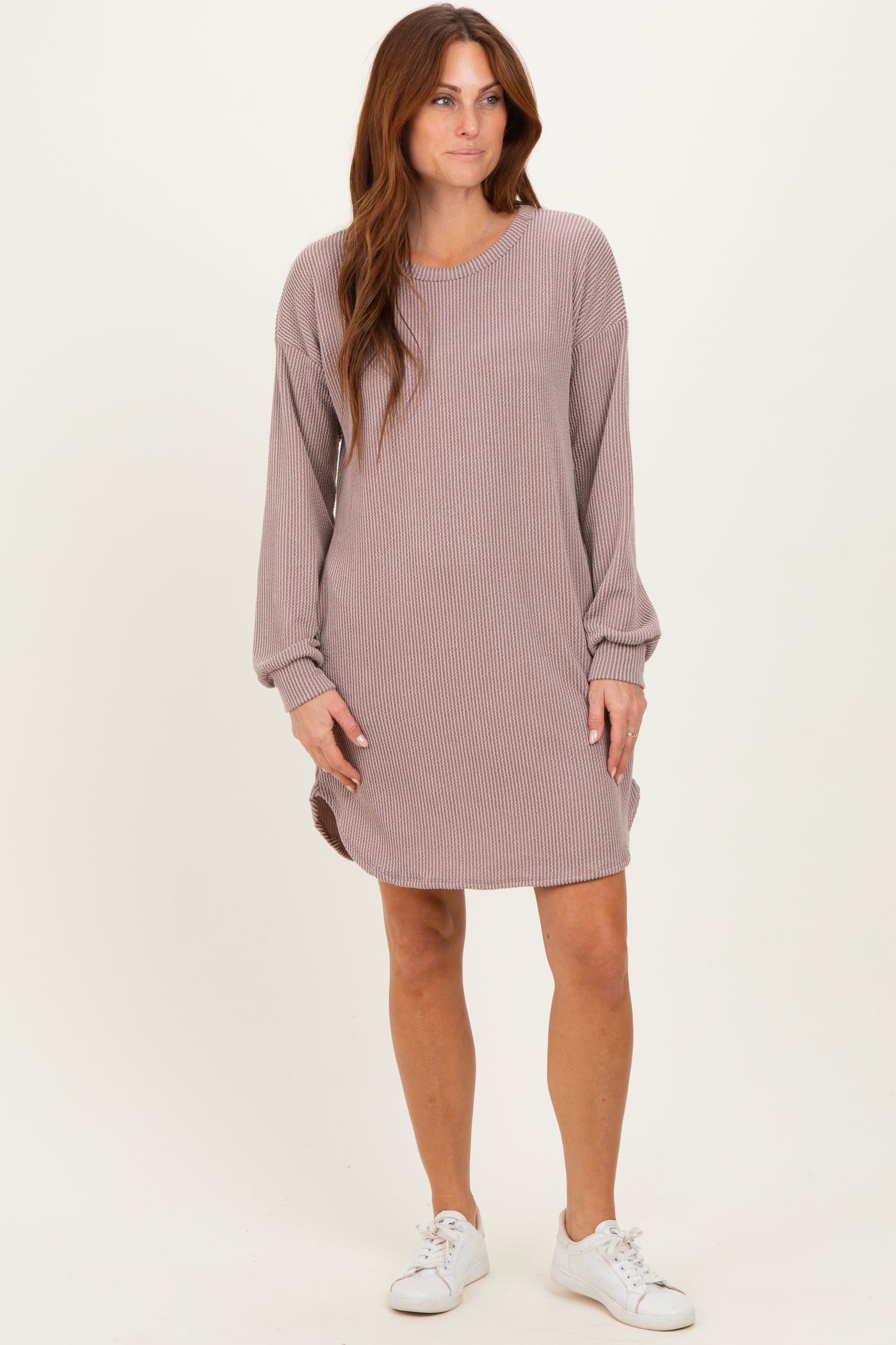 Taupe Rib Knit Long Sleeve Maternity Dress