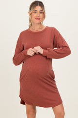 Rust Rib Knit Long Sleeve Maternity Dress