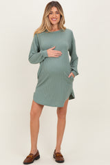 Light Olive Rib Knit Long Sleeve Maternity Dress