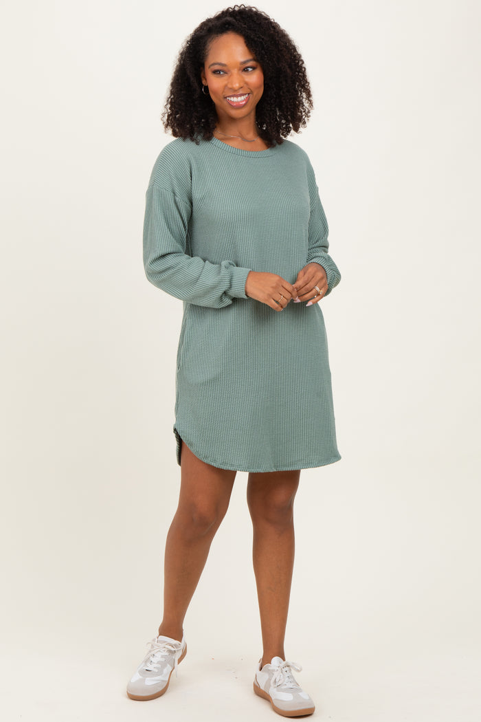 Light Olive Rib Knit Long Sleeve Maternity Dress