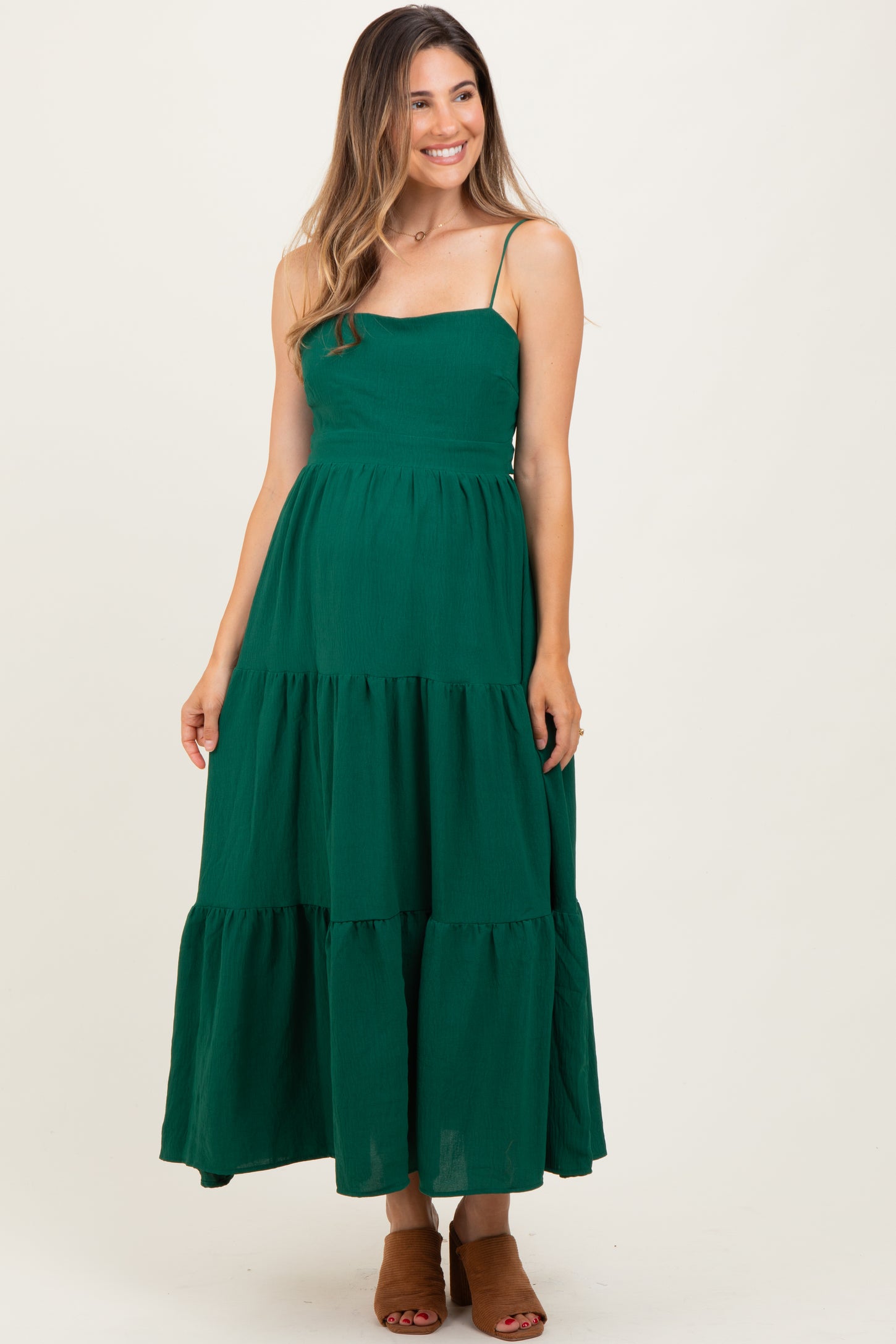 Forest Green Tiered Cutout Tie Back Maternity Midi Dress