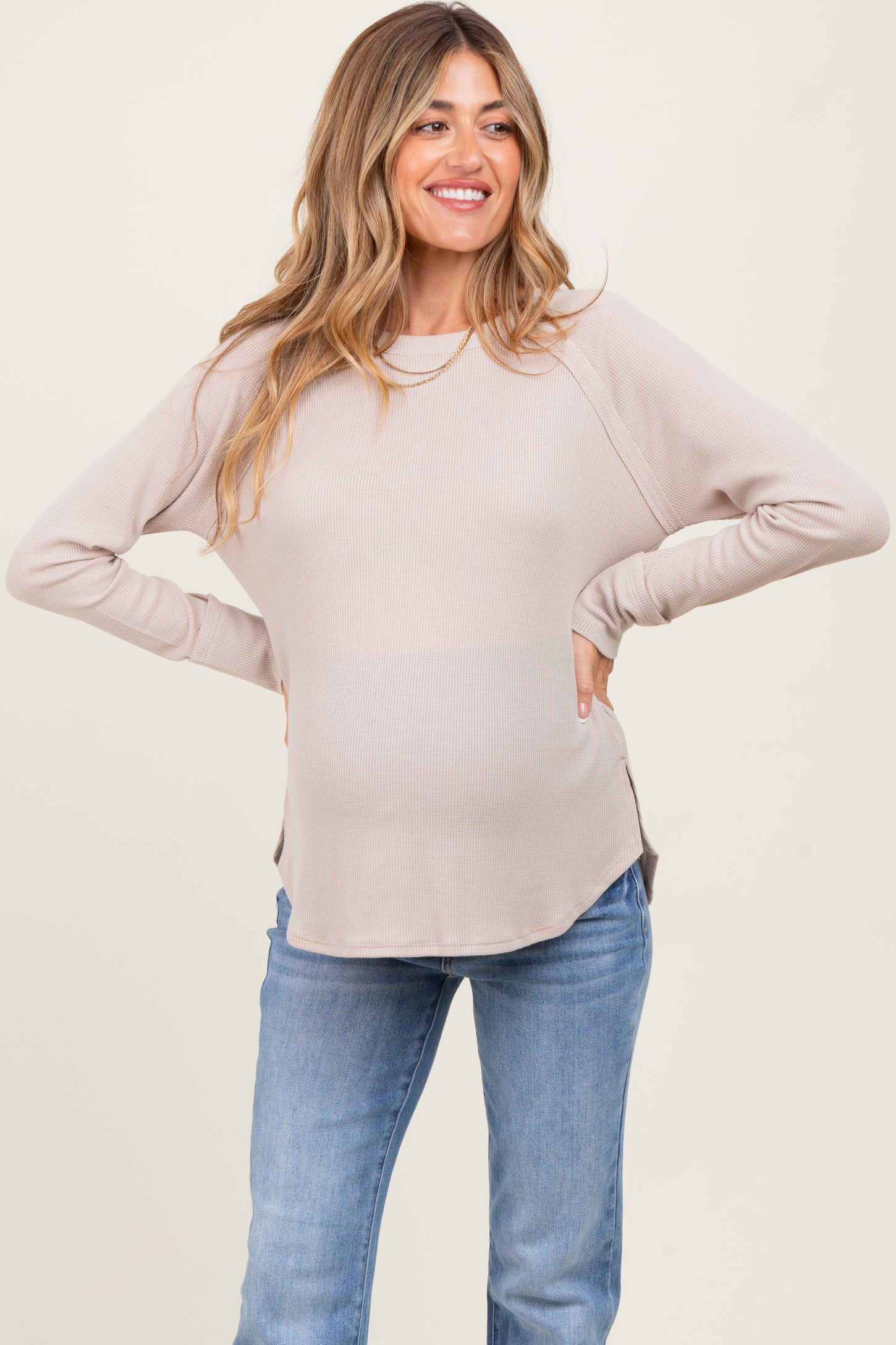 Beige Baby Waffle Knit Long Sleeve Maternity Top