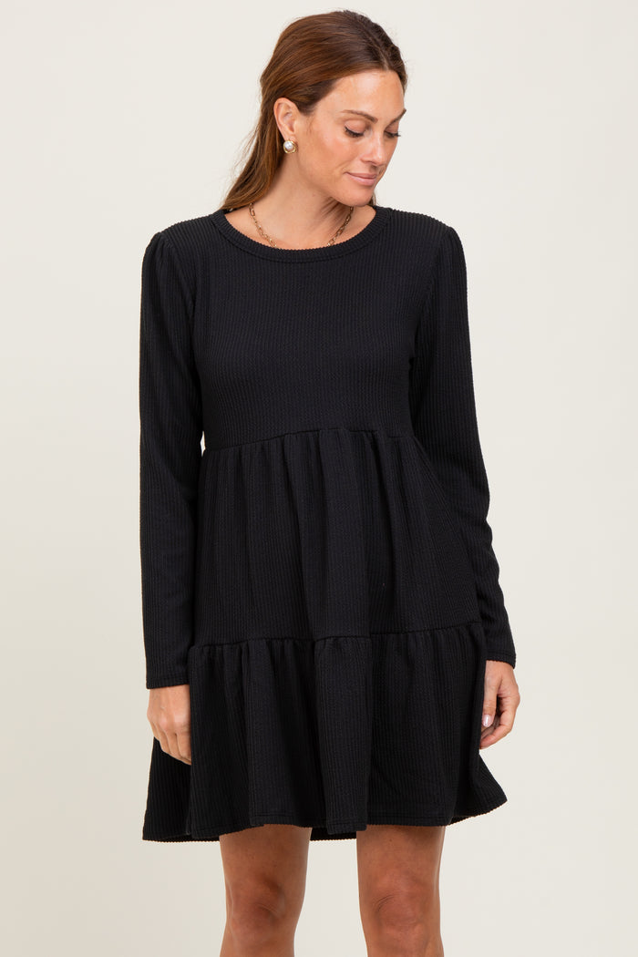 Black Textured Rib Tiered Long Sleeve Maternity Dress