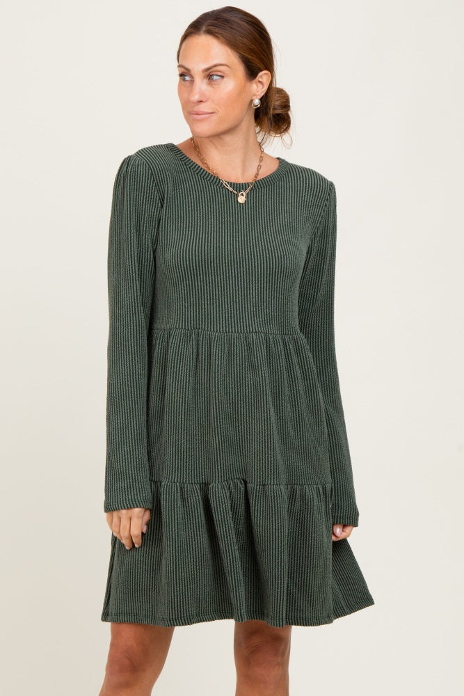 Olive Textured Rib Tiered Long Sleeve Dress