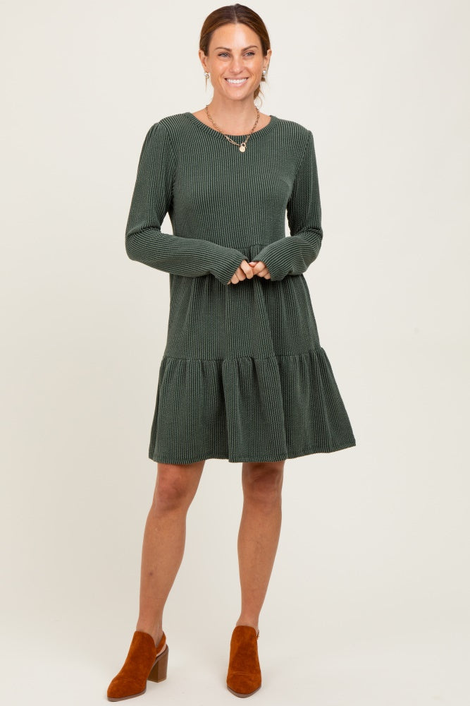 Olive Textured Rib Tiered Long Sleeve Dress
