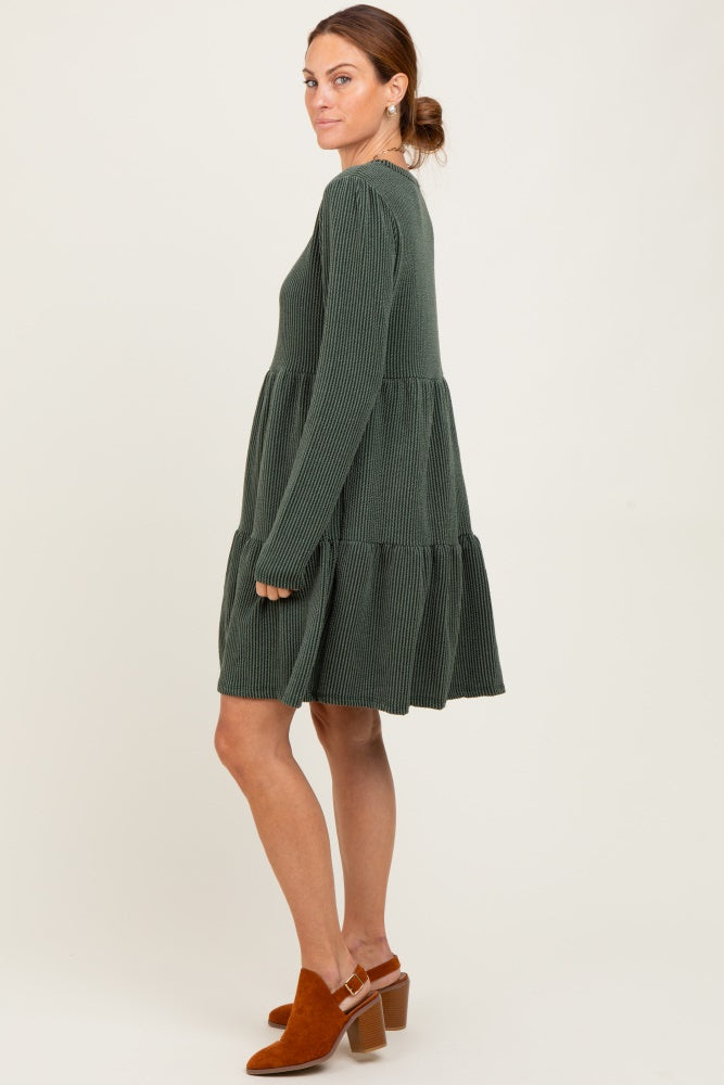 Olive Textured Rib Tiered Long Sleeve Dress