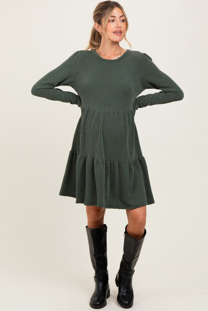 Olive Textured Rib Tiered Long Sleeve Maternity Dress