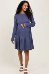 Navy Textured Rib Tiered Long Sleeve Maternity Dress