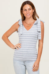 Heather Grey/Off White Striped Ribbed V-Neck Shoulder Tie Sleeveless Maternity Top