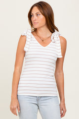 Ivory/Mocha Striped Ribbed V-Neck Shoulder Tie Sleeveless Top