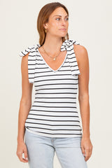 Ivory/Black Striped Ribbed V-Neck Shoulder Tie Sleeveless Top