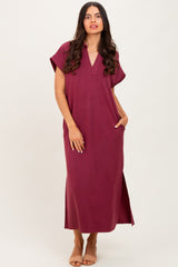 Burgundy Collared Short Sleeve Midi Dress