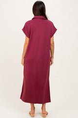 Burgundy Collared Short Sleeve Midi Dress