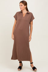 Mocha Collared Short Sleeve Maternity Midi Dress