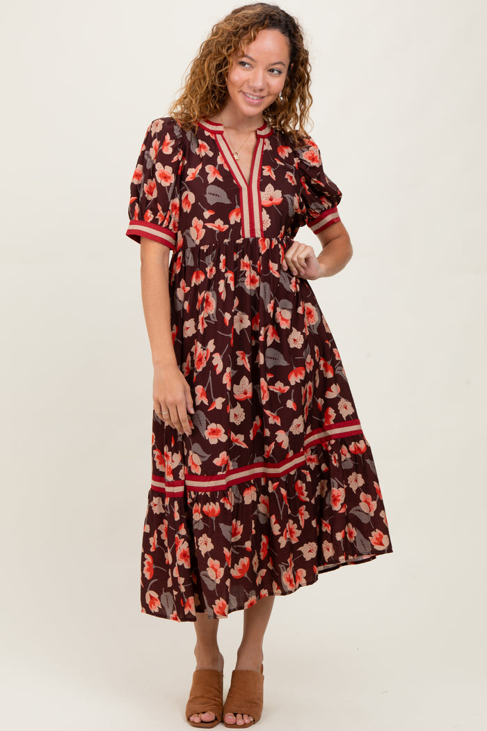 Brown Floral Contrast Trim Maternity Midi Dress