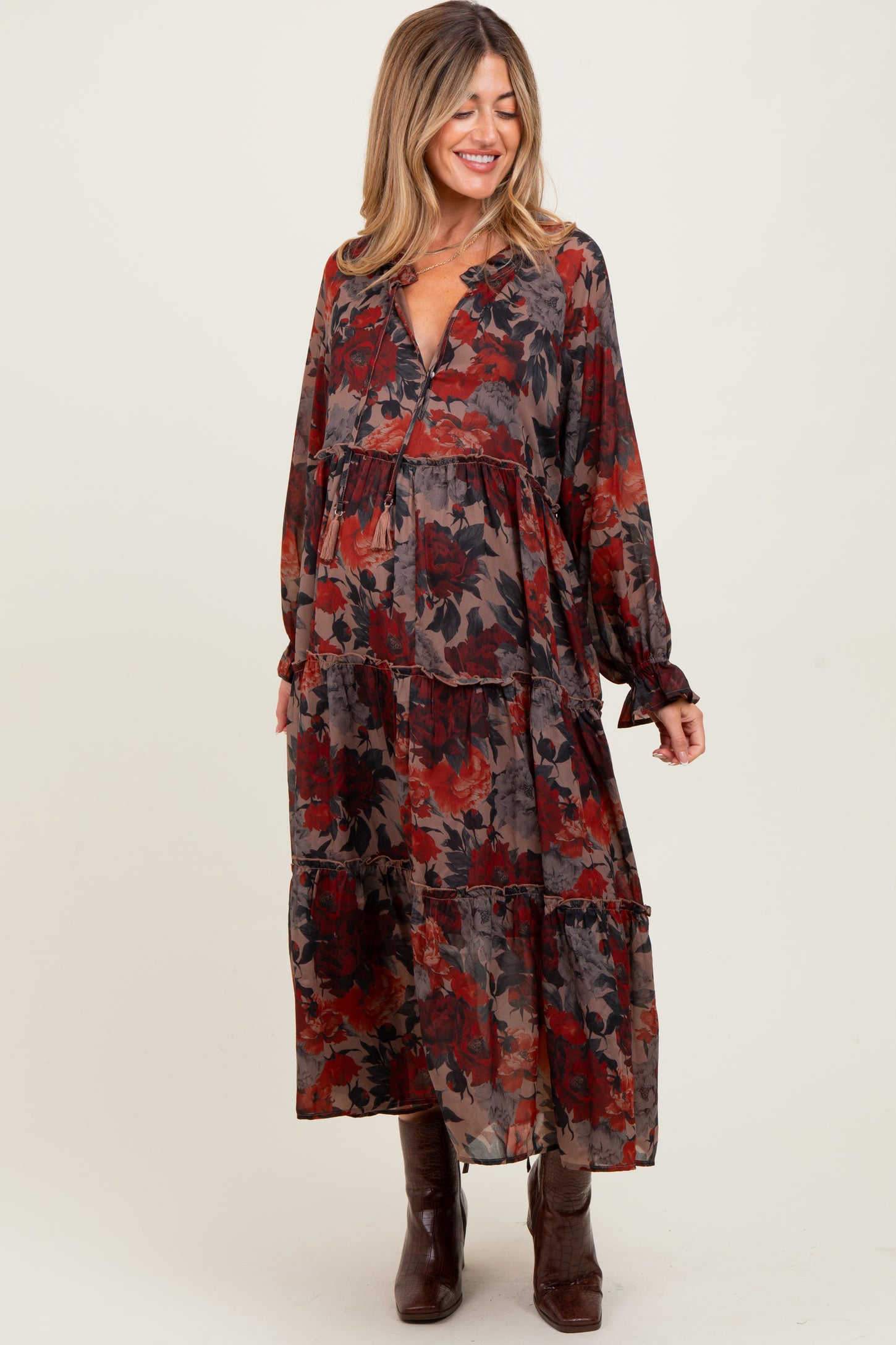 Beige Floral Chiffon Ruffle Tiered Maternity Midi Dress