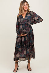 Black Floral Chiffon Ruffle Tiered Maternity Midi Dress