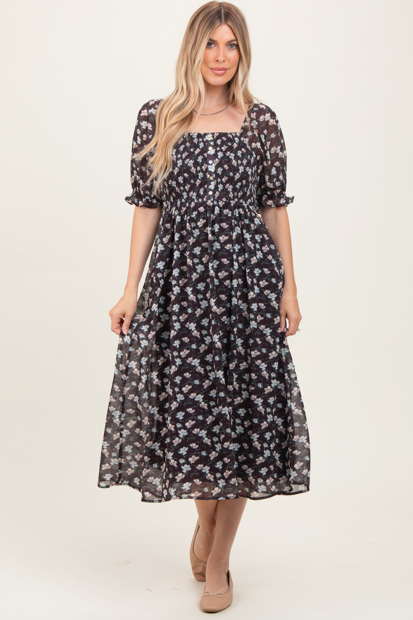 Brown Floral Smocked Puff Sleeve Midi Dress