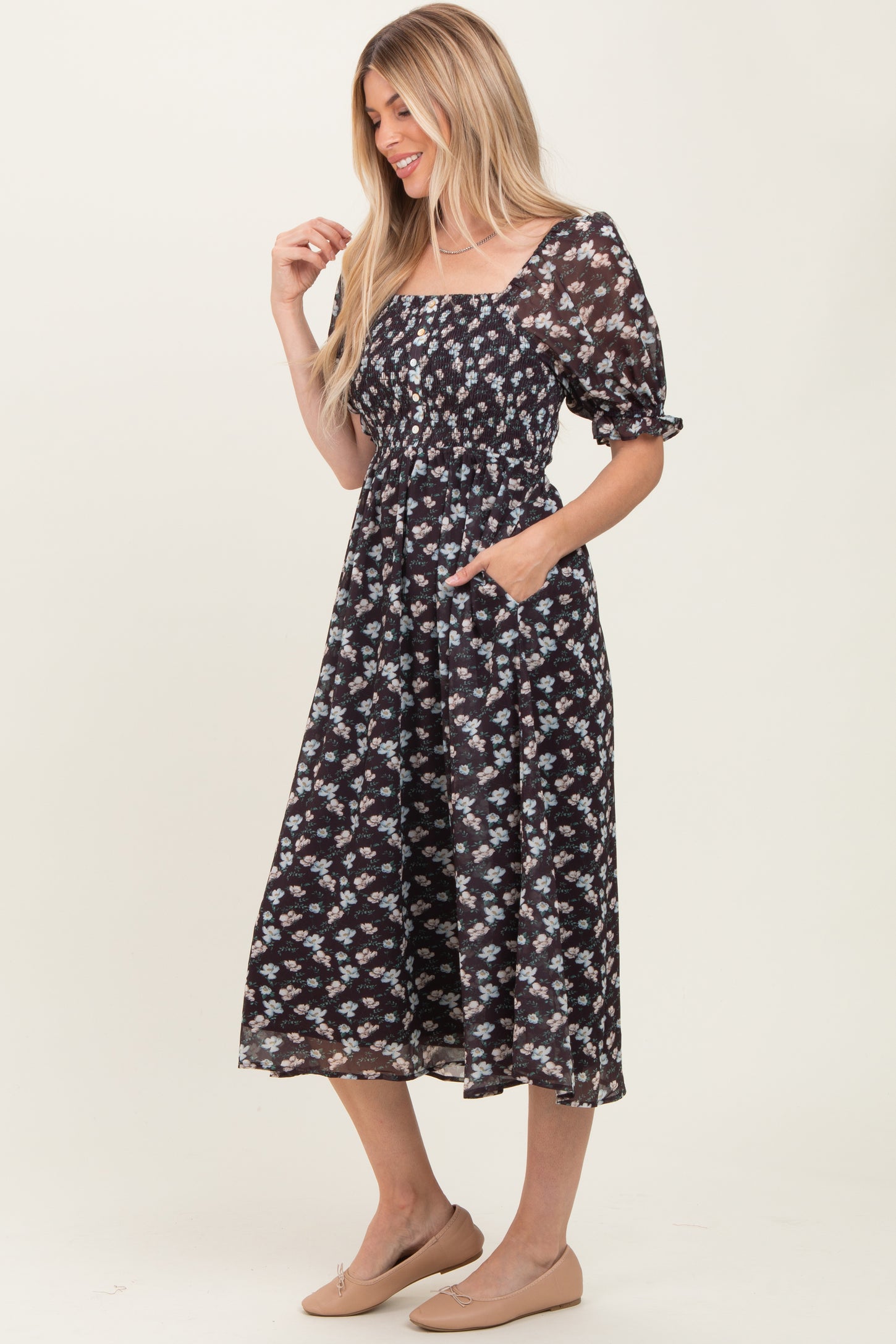 Brown Floral Smocked Puff Sleeve Midi Dress