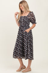 Brown Floral Smocked Puff Sleeve Midi Dress
