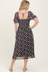 Brown Floral Smocked Puff Sleeve Midi Dress