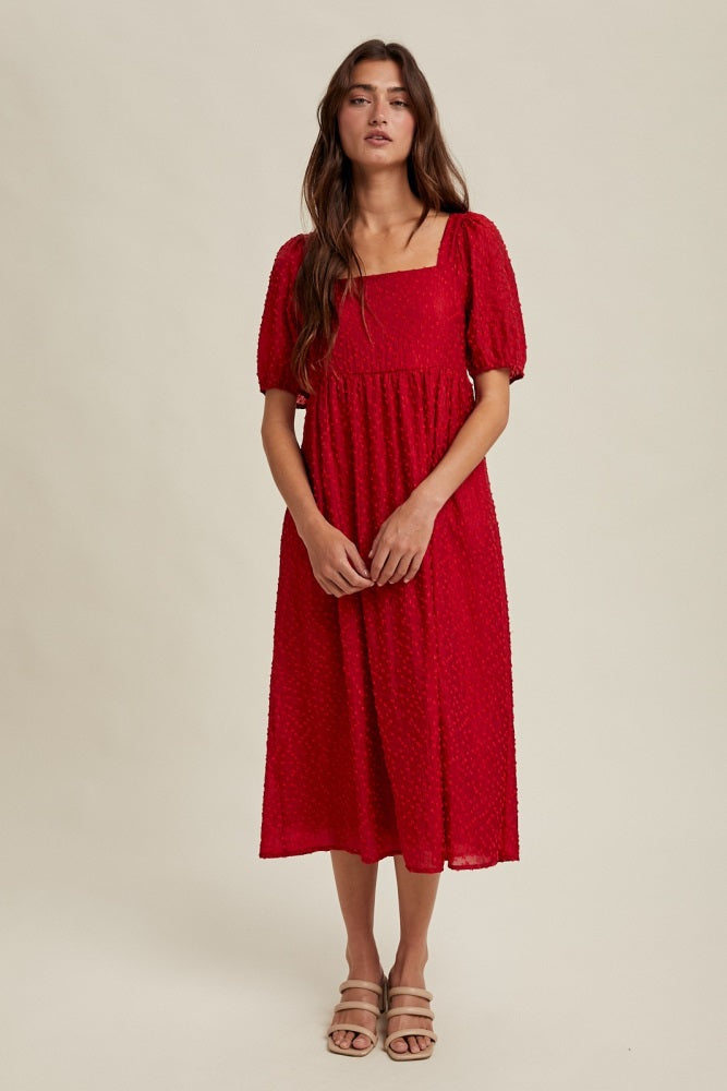 Red Swiss Dot Puff Sleeve Midi Dress