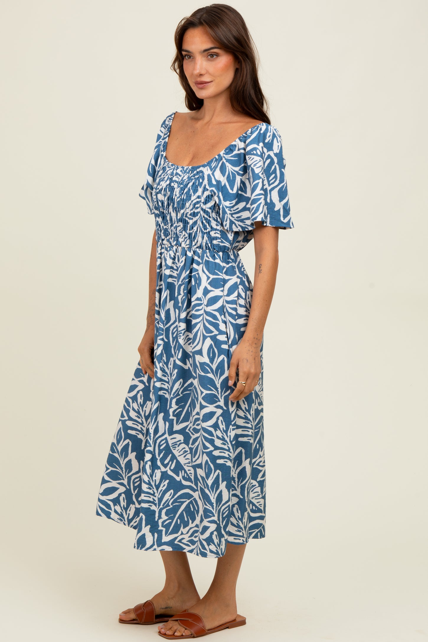 Light Navy Leaf Print Maternity Midi Dress