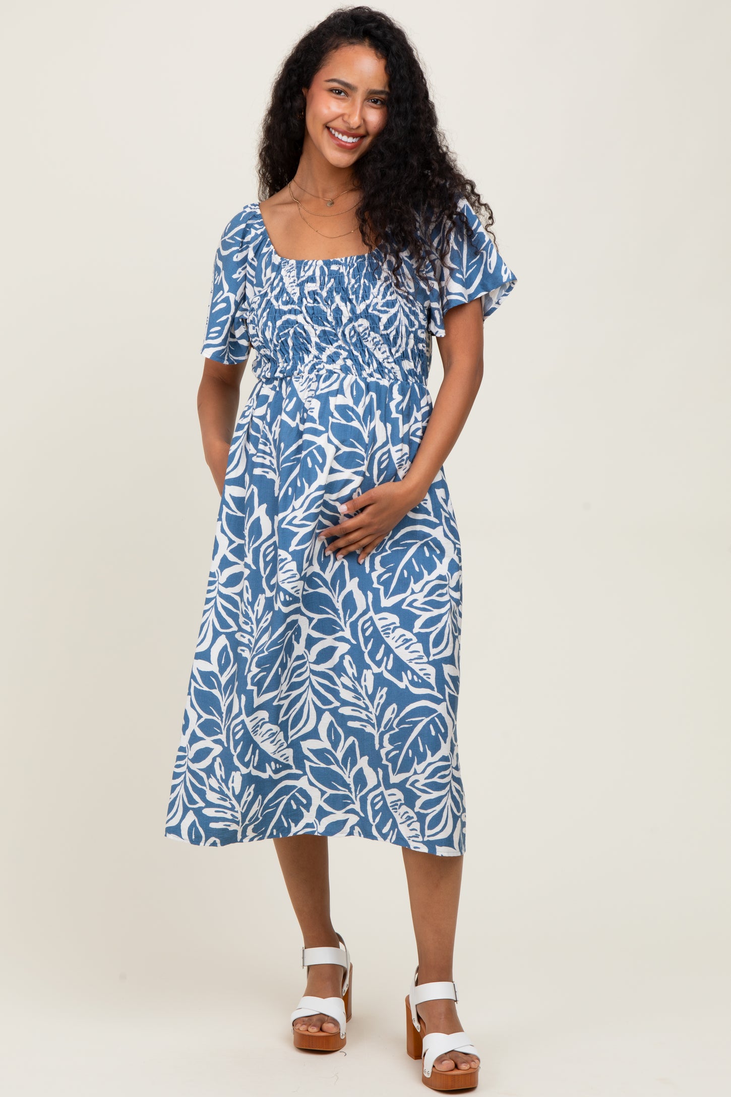 Light Navy Leaf Print Smocked Maternity Midi Dress