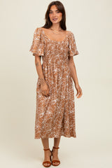 Mocha Floral Print Maternity Midi Dress