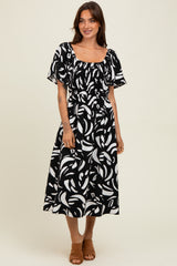 Black Printed Smocked Midi Dress