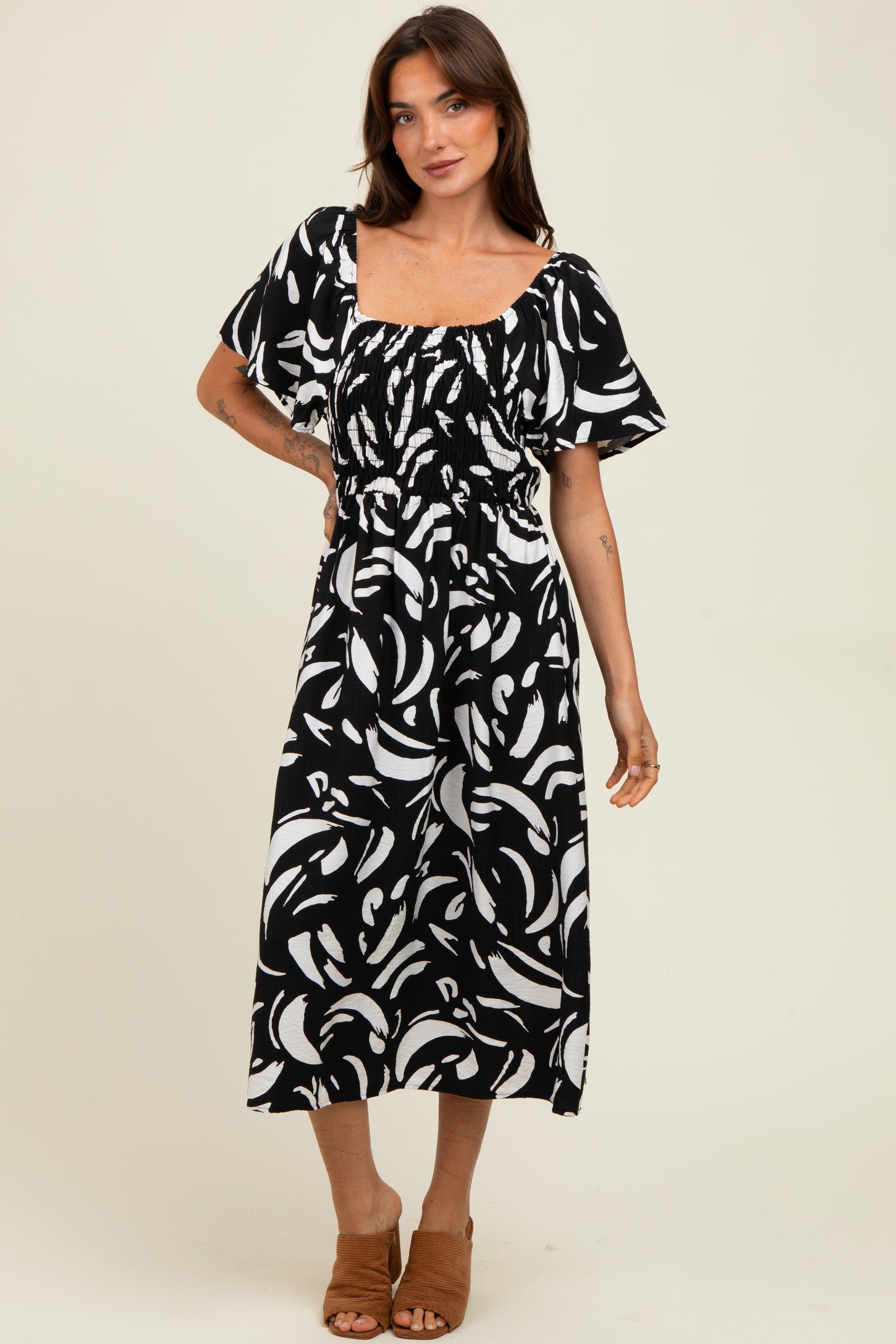 Black Printed Smocked Midi Dress