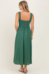 Green Smocked Sleeveless Button Down Midi Dress