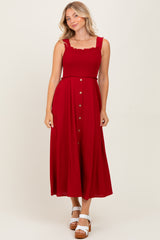 Burgundy Smocked Sleeveless Button Down Maternity Midi Dress