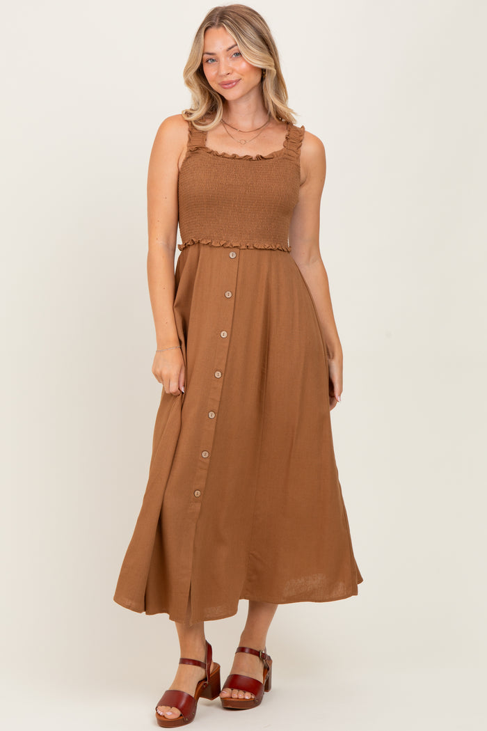 Camel Smocked Sleeveless Button Down Maternity Midi Dress