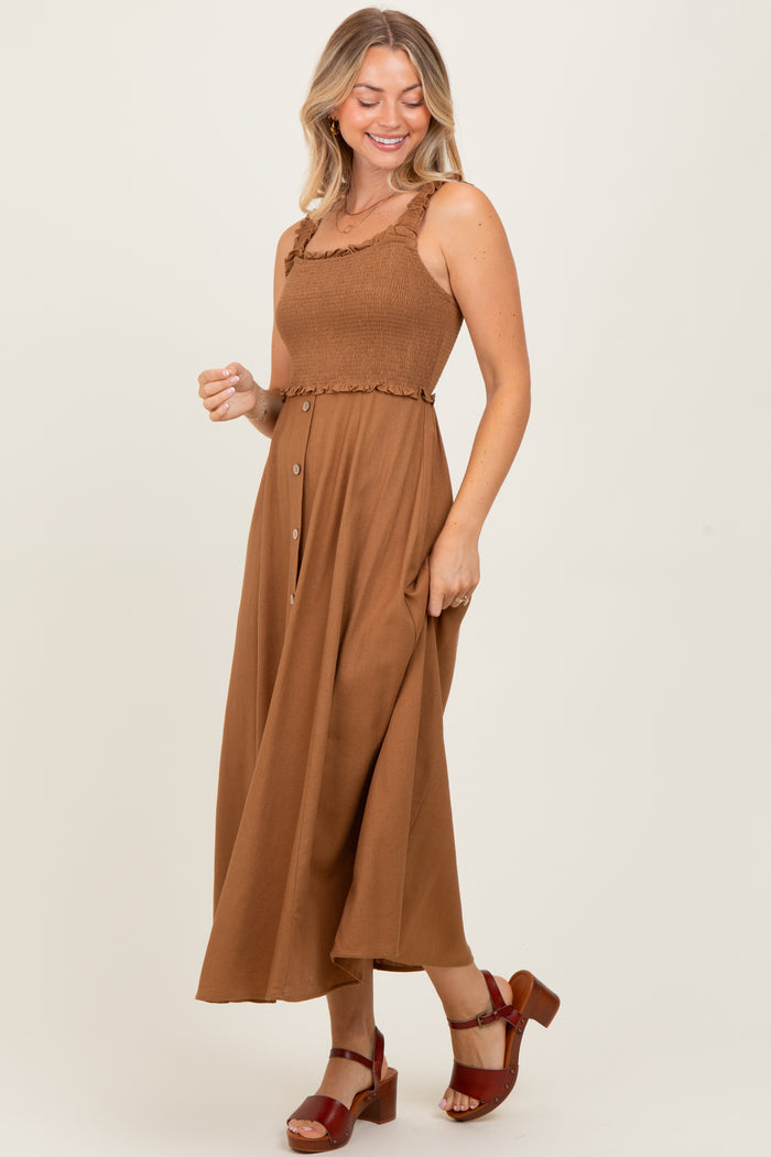 Camel Smocked Sleeveless Button Down Midi Dress