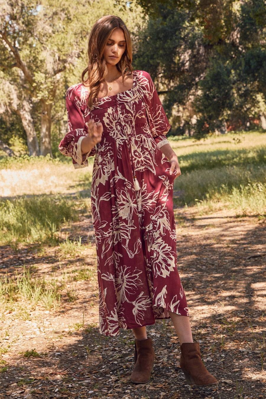 Burgundy Floral Smocked 3/4 Sleeve Midi Dress