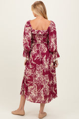 Burgundy Floral Smocked 3/4 Sleeve Maternity Midi Dress