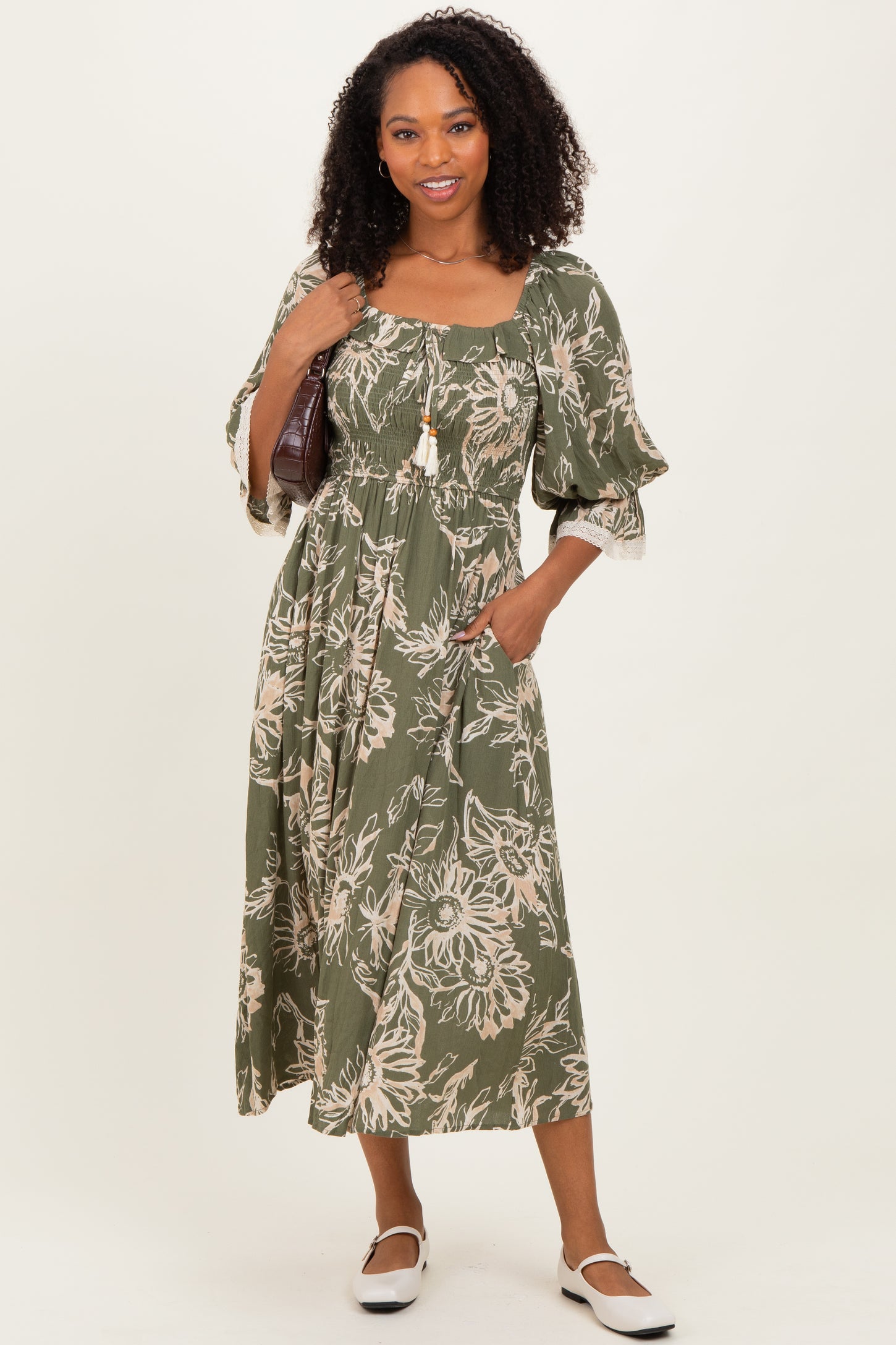 Olive Floral Smocked 3/4 Sleeve Maternity Midi Dress