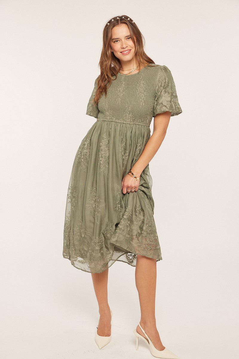 Light Olive Floral Lace Smocked Maternity Midi Dress