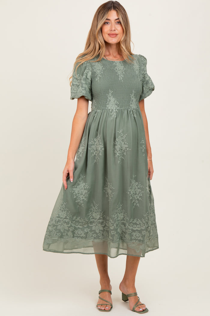 Light Olive Floral Lace Smocked Maternity Midi Dress
