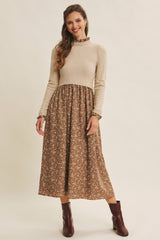 Beige Floral Contrast Knit Top Midi Dress