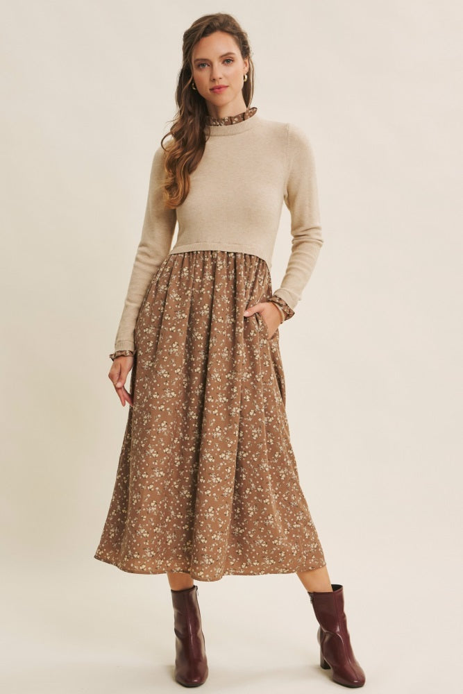 Beige Floral Contrast Knit Top Midi Dress