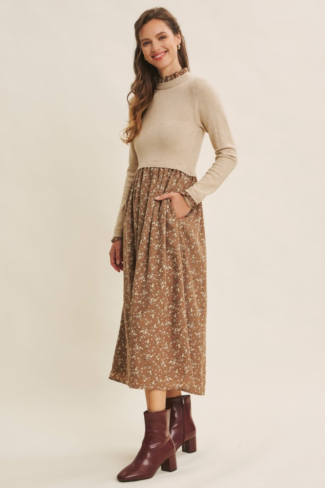 Beige Floral Contrast Knit Top Midi Dress