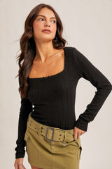 Black Pointelle Knit Lace Trim Square Neck Maternity Top