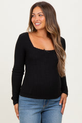 Black Pointelle Knit Lace Trim Square Neck Maternity Top