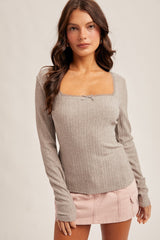 Grey Pointelle Knit Lace Trim Square Neck Maternity Top